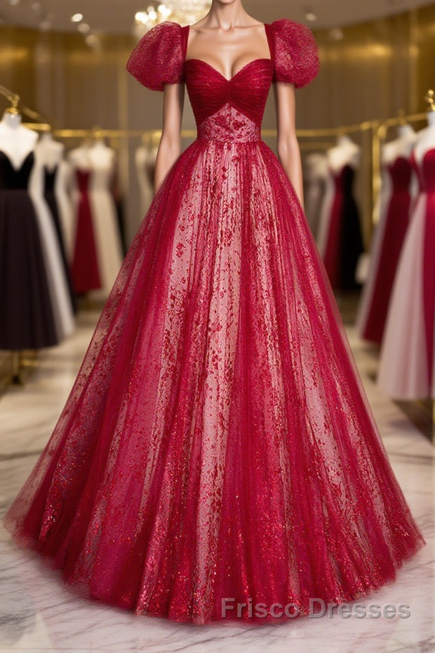 Burgundy A line tulle long Formal Prom Dresses burgundy evening Dresses Main image
