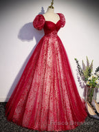 Burgundy A line tulle long Formal Prom Dresses burgundy evening Dresses