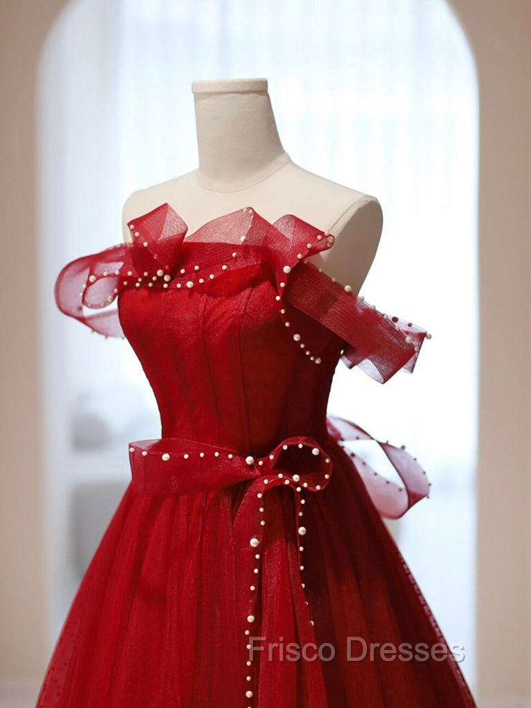Burgundy A-Line Tulle Long Formal Prom Dress, Burgundy Tulle Formal Dress Secondary image
