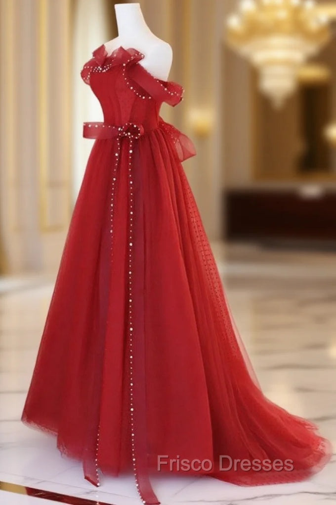 Burgundy A-Line Tulle Long Formal Prom Dress, Burgundy Tulle Formal Dress Main image