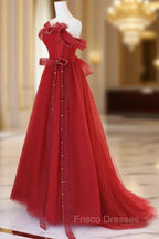 Burgundy A-Line Tulle Long Formal Prom Dress, Burgundy Tulle Formal Dress