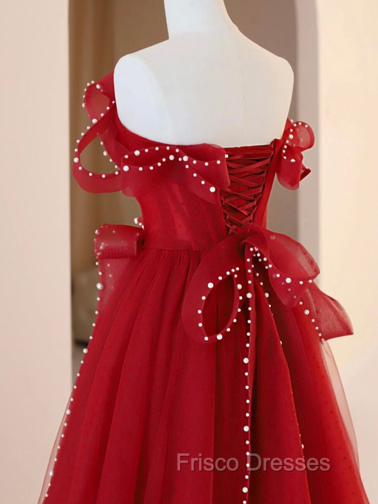 Burgundy A-Line Tulle Long Formal Prom Dress, Burgundy Tulle Formal Dress