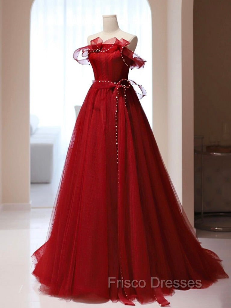 Burgundy A-Line Tulle Long Formal Prom Dress, Burgundy Tulle Formal Dress