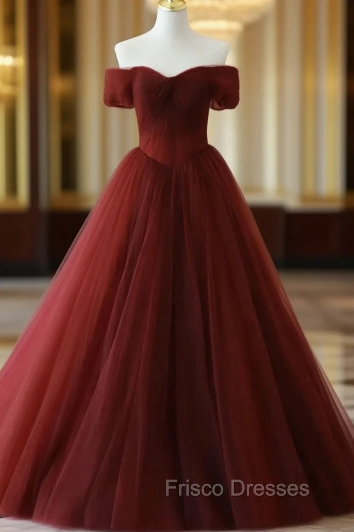 Burgundy A line Tulle Long Formal Prom Dress, Burgundy Long Bridesmaid Dress Main image