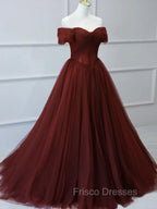 Burgundy A line Tulle Long Formal Prom Dress, Burgundy Long Bridesmaid Dress