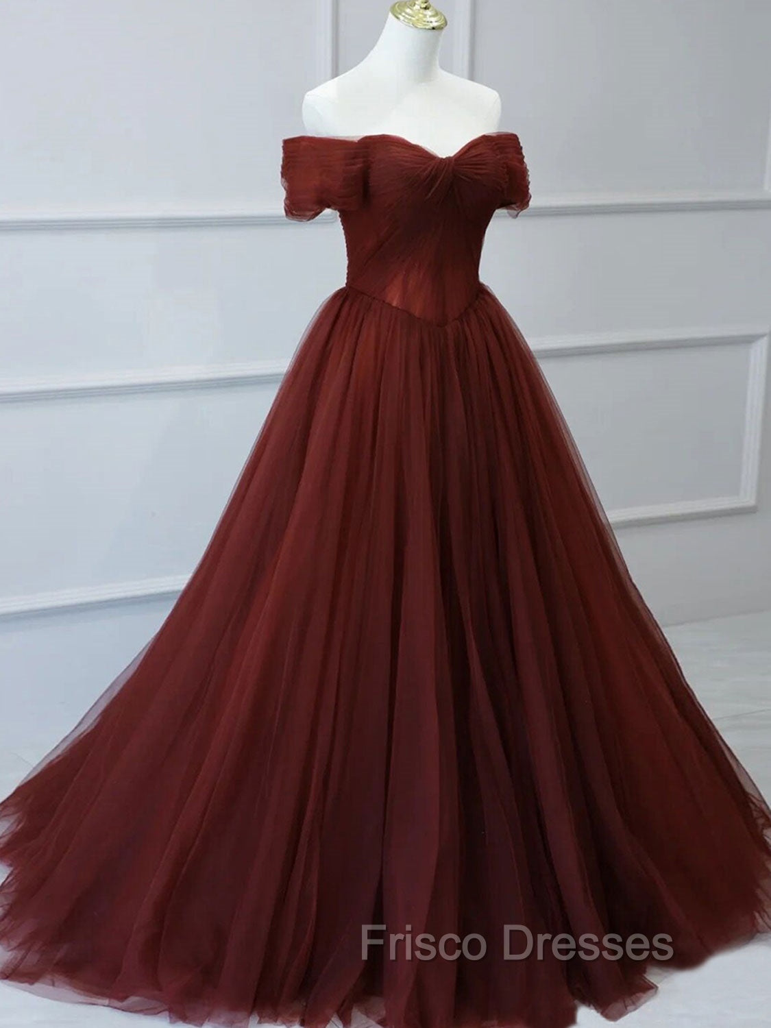 Burgundy A line Tulle Long Formal Prom Dress, Burgundy Long Bridesmaid Dress