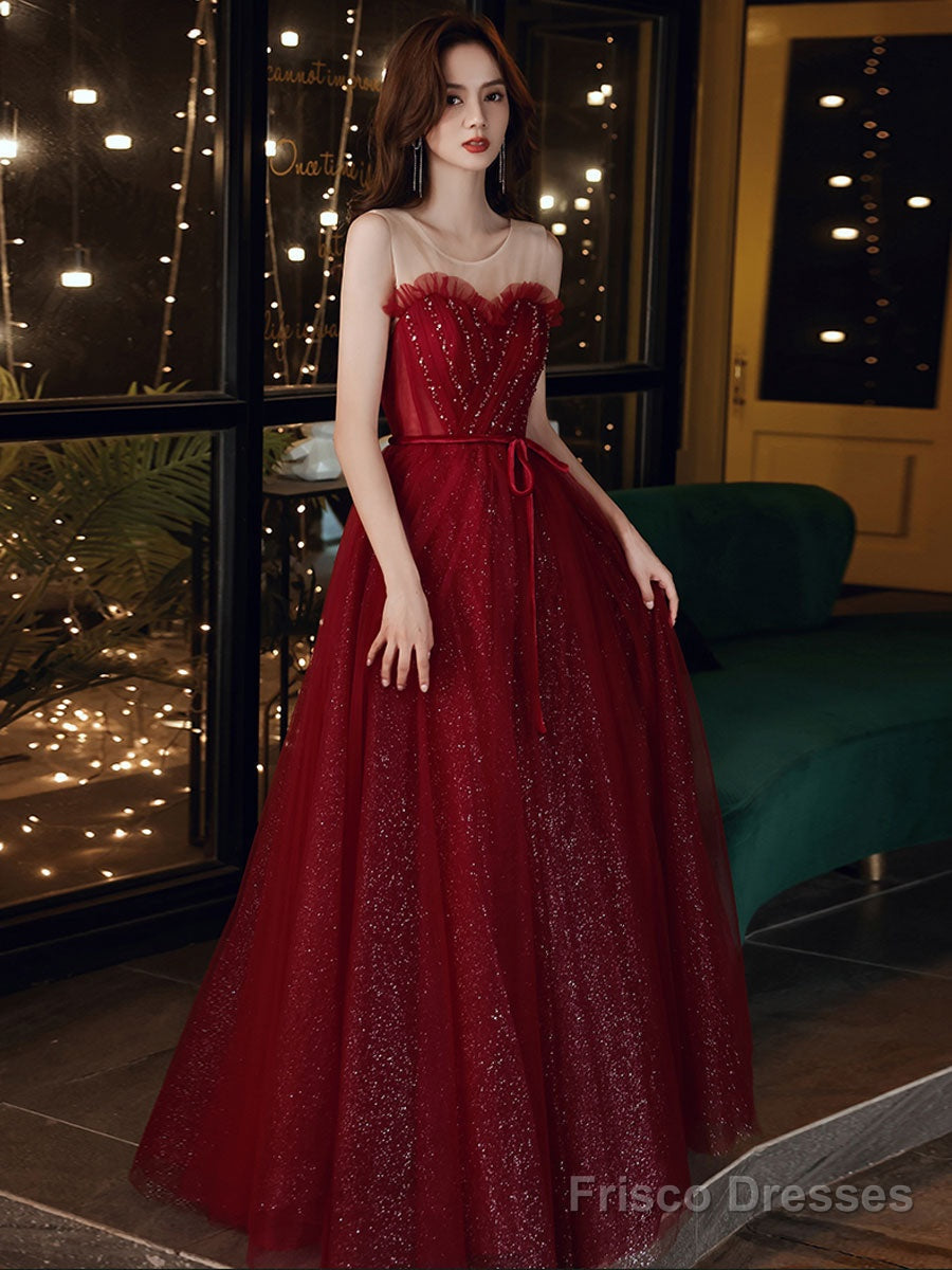 Burgundy A Line Tulle Sequin Long Prom Dress, Burgundy Evening Dress Secondary image
