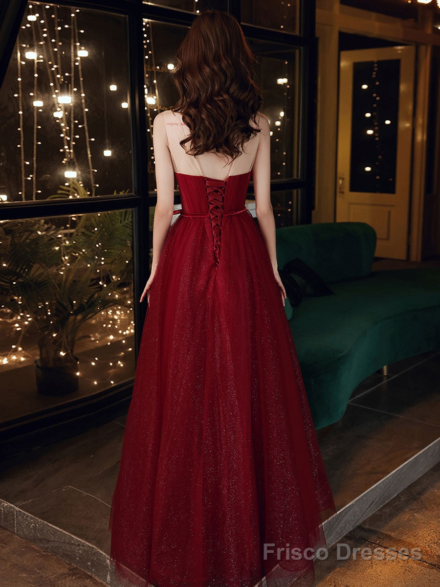 Burgundy A Line Tulle Sequin Long Prom Dress, Burgundy Evening Dress
