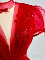 Burgundy A-Line Tulle Sequin Long Formal Prom Dress, Burgundy Formal Dress