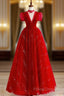 Burgundy A-Line Tulle Sequin Long Formal Prom Dress, Burgundy Formal Dress