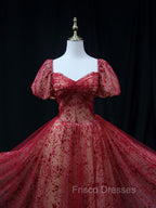 Burgundy A line Tulle Sequin Long Formal Prom Dress Burgundy Tulle Formal Evening Dress