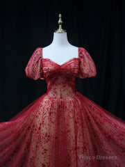 Burgundy A line Tulle Sequin Long Prom Dress Burgundy Tulle Formal Evening Dress