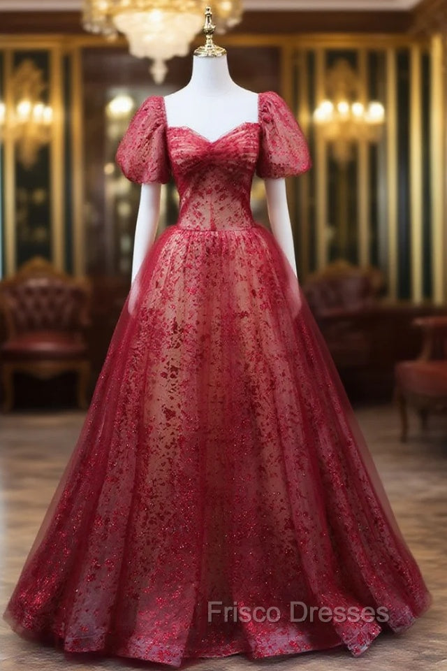 Burgundy A line Tulle Sequin Long Formal Prom Dress Burgundy Tulle Formal Evening Dress