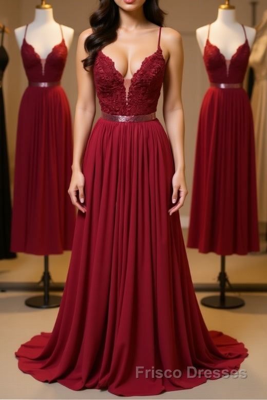 Burgundy A Line V Neck Backless Lace Tulle Long Formal Prom Dresses, Burgundy Lace Formal Dresses, Burgundy Evening Dresses Main image