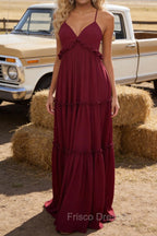 Burgundy A-line V Neck Sleeveless Floor-Length Chiffon Prom Dress Long Prom Dresses Backless with Pleated Ruffles