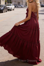 Burgundy A-line V Neck Sleeveless Floor-Length Chiffon Prom Dress Long Prom Dresses Backless with Pleated Ruffles