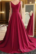 Burgundy A Line V Neck Sweep Train Open Back Satin Long Formal Prom Dresses, V Neck Burgundy Formal Dresses, Backless Evening Dresses