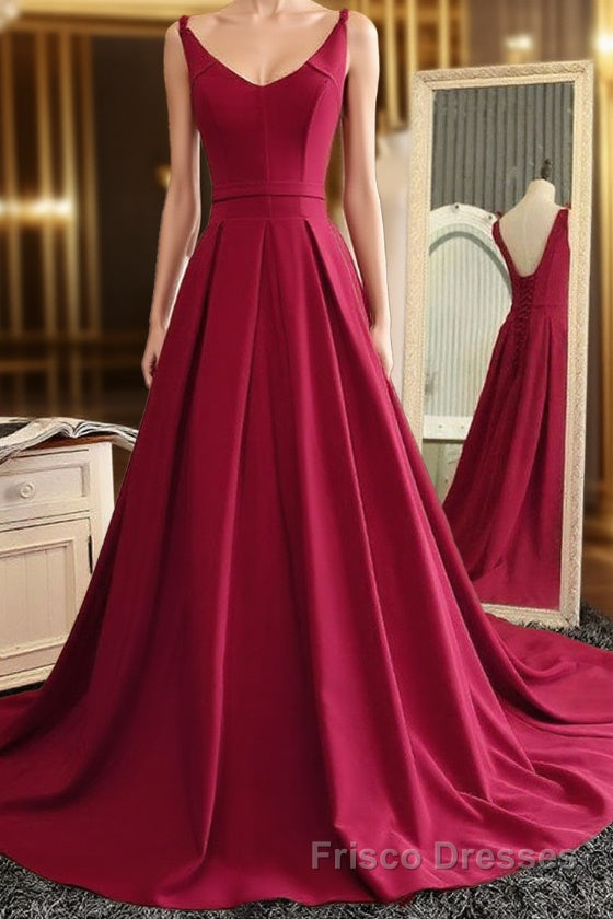 Burgundy A Line V Neck Sweep Train Open Back Satin Long Formal Prom Dresses, V Neck Burgundy Formal Dresses, Backless Evening Dresses