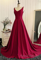 Burgundy A Line V Neck Sweep Train Open Back Satin Long Formal Prom Dresses, V Neck Burgundy Formal Dresses, Backless Evening Dresses
