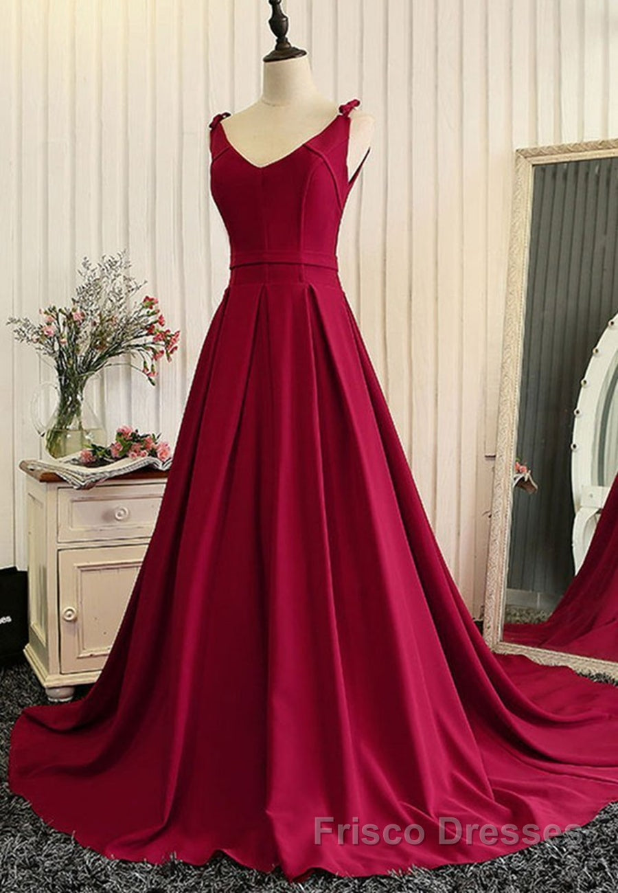 Burgundy A Line V Neck Sweep Train Open Back Satin Long Formal Prom Dresses, V Neck Burgundy Formal Dresses, Backless Evening Dresses