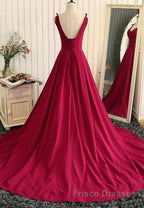 Burgundy A Line V Neck Sweep Train Open Back Satin Long Formal Prom Dresses, V Neck Burgundy Formal Dresses, Backless Evening Dresses