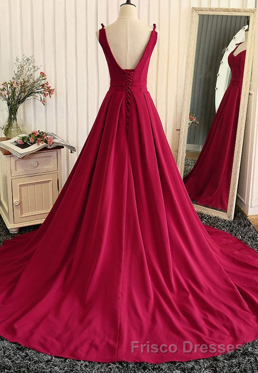 Burgundy A Line V Neck Sweep Train Open Back Satin Long Formal Prom Dresses, V Neck Burgundy Formal Dresses, Backless Evening Dresses