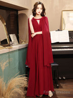 Burgundy Aline Chiffon Long Prom Dress, Burgundy Evening Dress