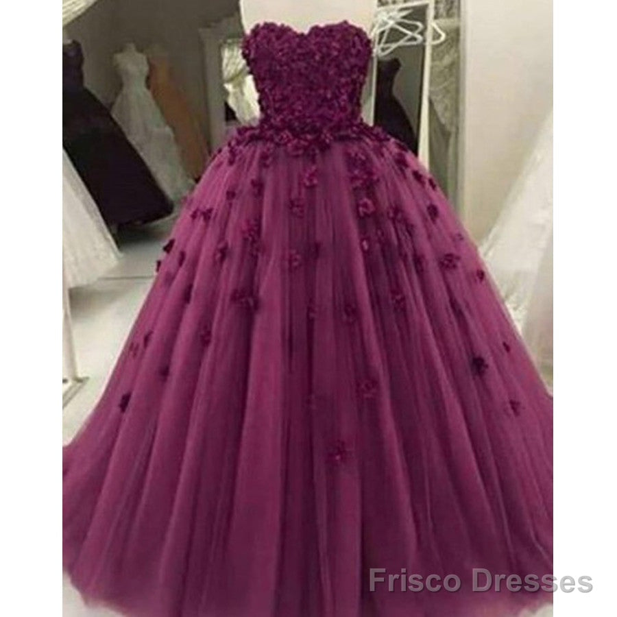 Burgundy Appliques Sweetheart Strapless Floor-Length Unique Charming Ball Gown Wedding Dresses,