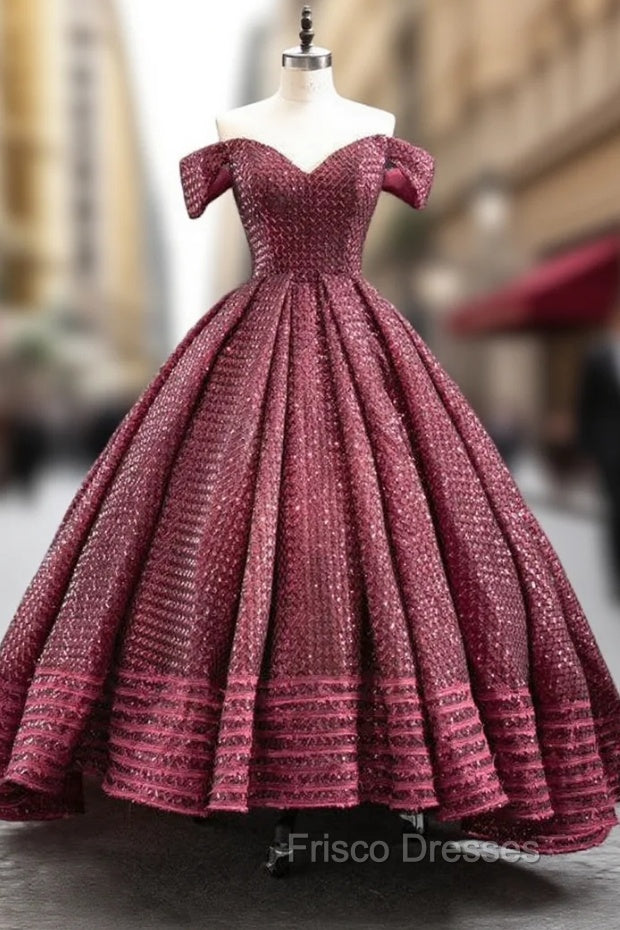 Burgundy Ball Gown Sequins Off the Shoulder Formal Prom Dress Main image