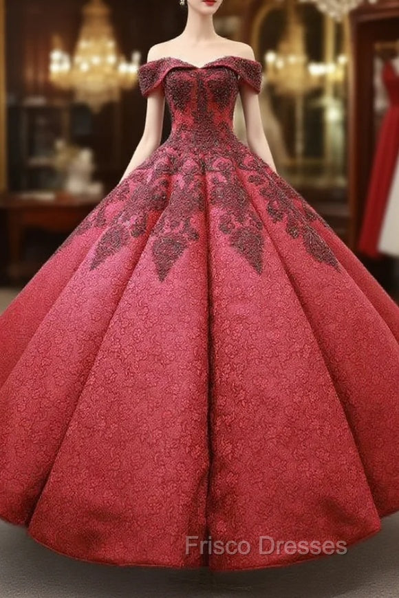 Burgundy Ball Gown Lace Off the Shoulder Appliques Beading Formal Prom Dress
