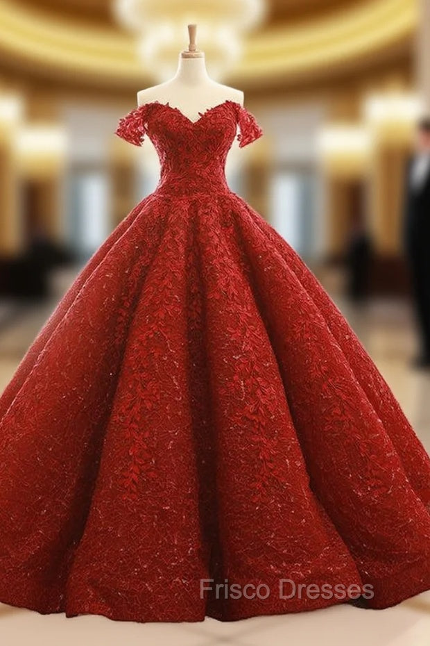 Burgundy Ball Gown Off The Shoulder Appliques Wedding Dress Main image