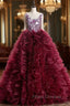 Burgundy Ball Gown Ruffles Beading Crystal Wedding Dress