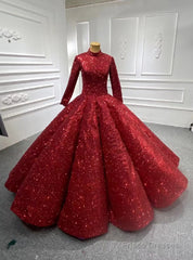 Burgundy Ball Gown Sequins Long Sleeve High Neck Prom Dress