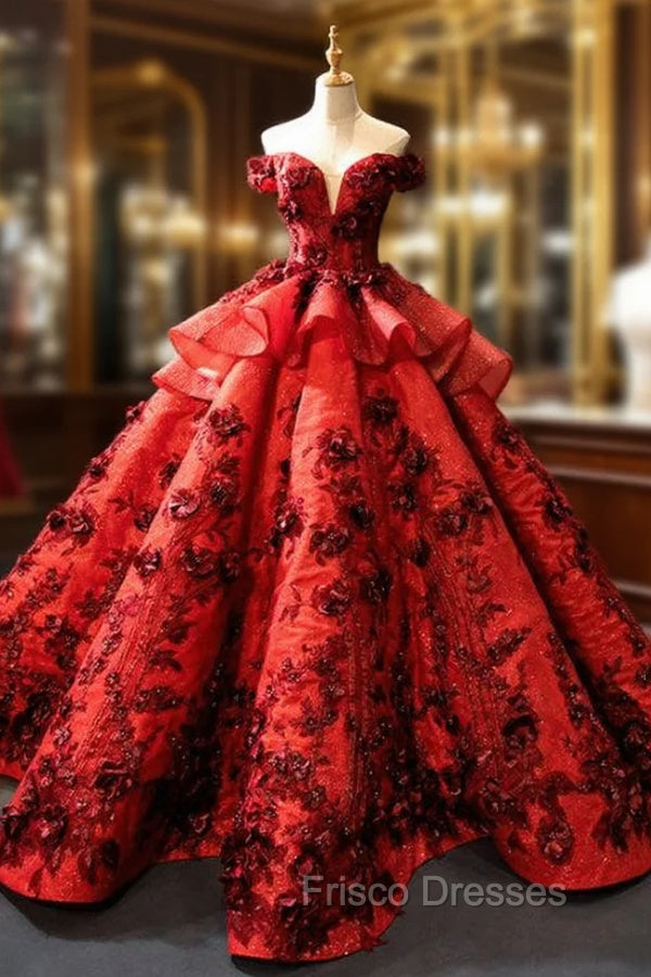 Burgundy Ball Gown Sequins Off the Shoulder 3D Flower Haute Couture Formal Prom Dress Main image
