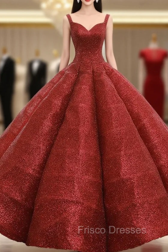 Burgundy Ball Gown Sequins Straps Backless Wedding Dress Main image