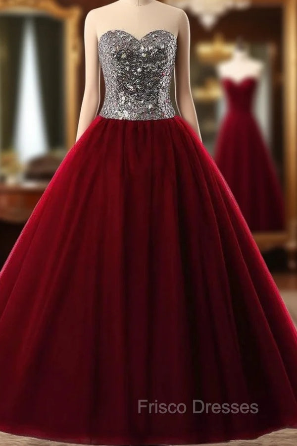 Burgundy Ball Gown Sweetheart Tulle Sequins Quinceanera Dress Main image