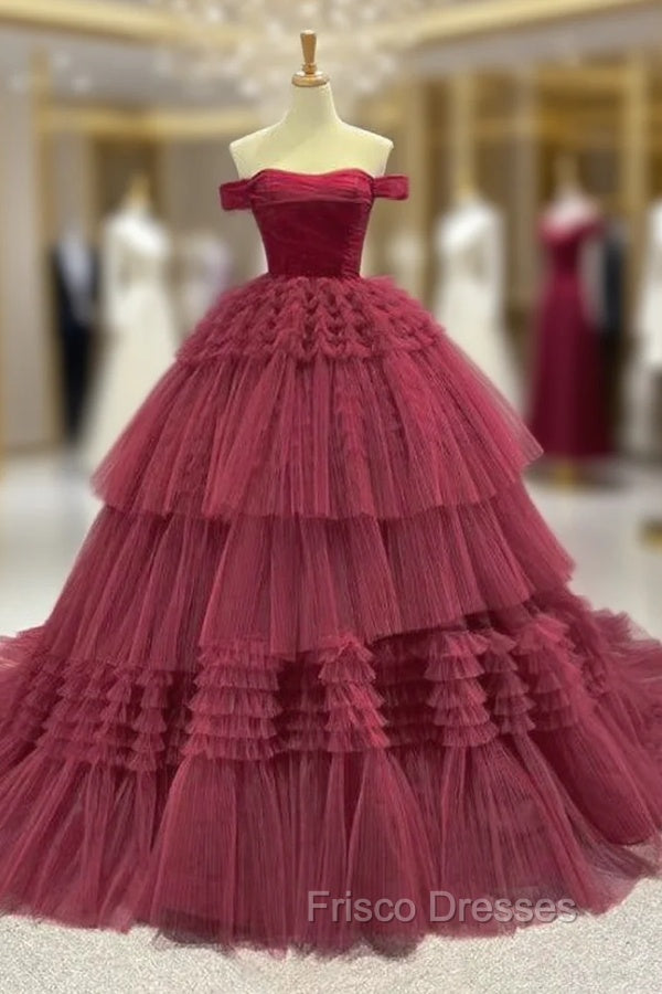 Burgundy Ball Gown Tulle Off the Shoulder Pleats Formal Prom Dress Main image