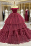 Burgundy Ball Gown Tulle Off the Shoulder Pleats Formal Prom Dress