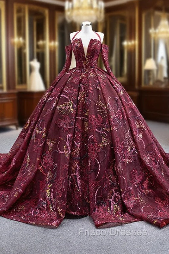 Burgundy Ball Gown Tulle Sequins Long Sleeve Formal Prom Dress