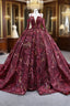 Burgundy Ball Gown Tulle Sequins Long Sleeve Formal Prom Dress