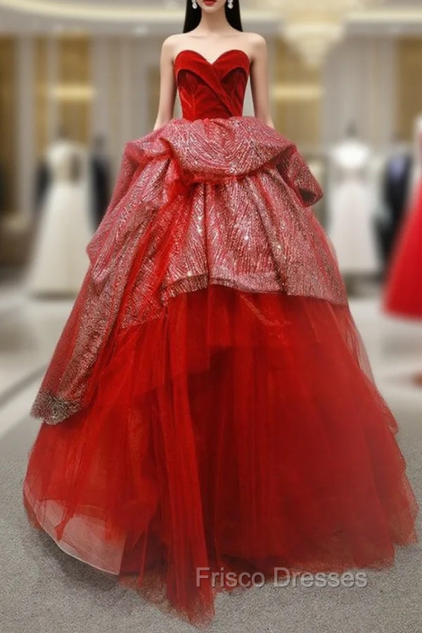 Burgundy Ball Gown Tulle Sequins Sweetheart Luxury Formal Prom Dress Main image