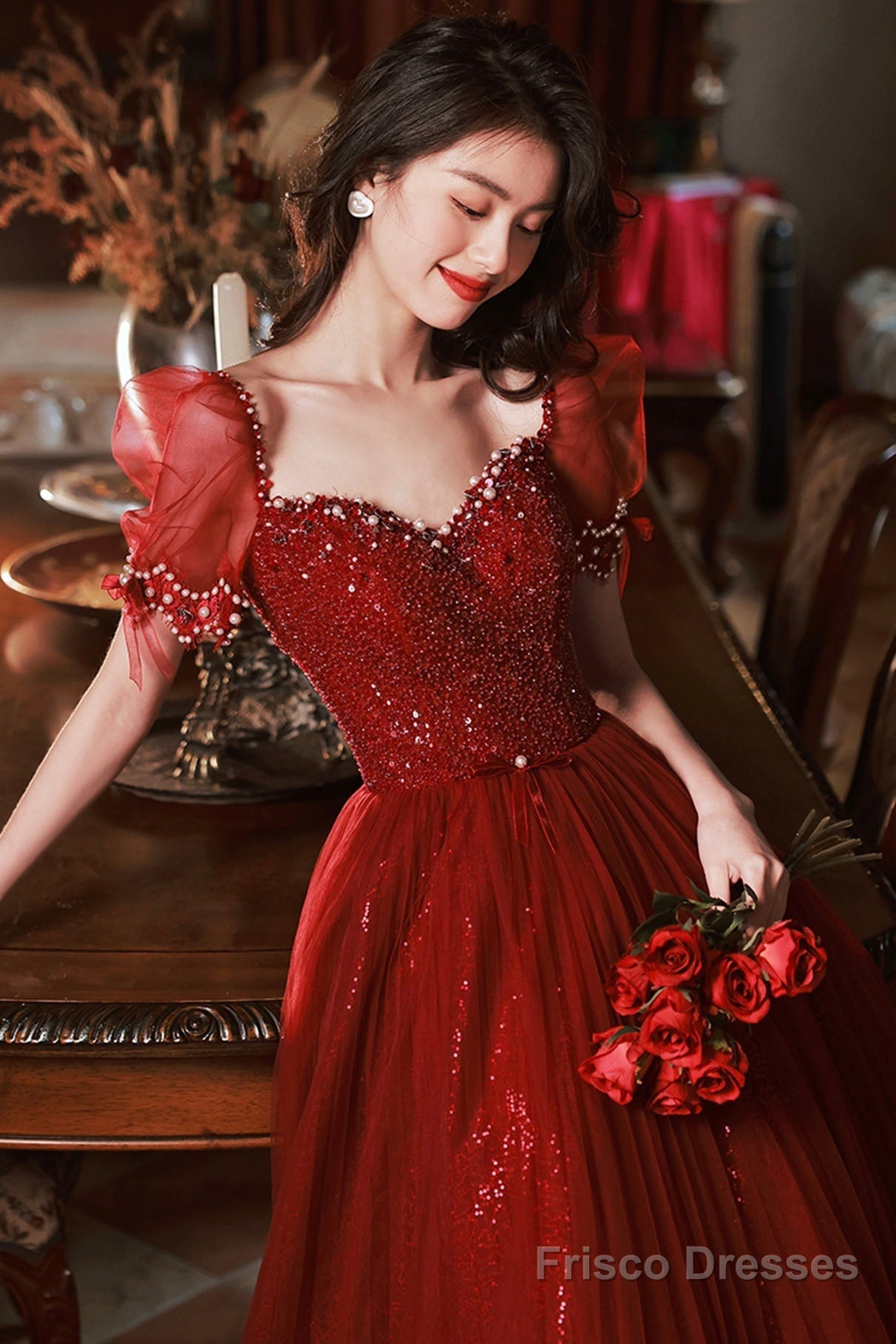 Burgundy Beaded Chic Long A-Line Prom Dress, Cute Short Sleeve Party Dress