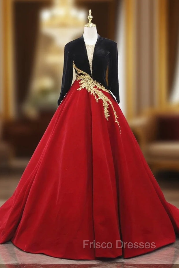 Burgundy Black Velvet Long Sleeve Beading Formal Prom Dress Main image