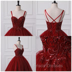 Burgundy Bling Tulle Ball gowns Long Formal Prom Dress with Embroidered Sequins