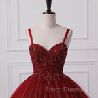 Burgundy Bling Tulle Ball gowns Long Formal Prom Dress with Embroidered Sequins