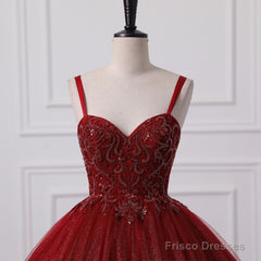 Burgundy Bling Tulle Ball gowns Long Prom Dress with Embroidered Sequins