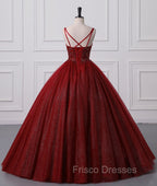 Burgundy Bling Tulle Ball gowns Long Formal Prom Dress with Embroidered Sequins