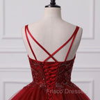 Burgundy Bling Tulle Ball gowns Long Formal Prom Dress with Embroidered Sequins