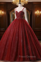 Burgundy Bling Tulle Ball gowns Long Formal Prom Dress with Embroidered Sequins