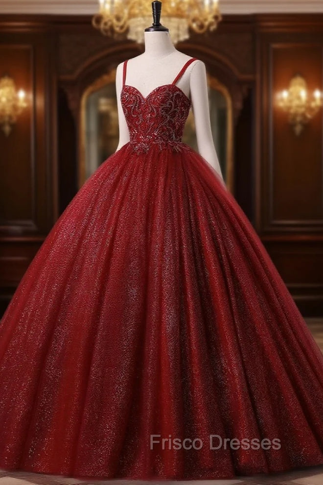 Burgundy Bling Tulle Ball gowns Long Formal Prom Dress with Embroidered Sequins